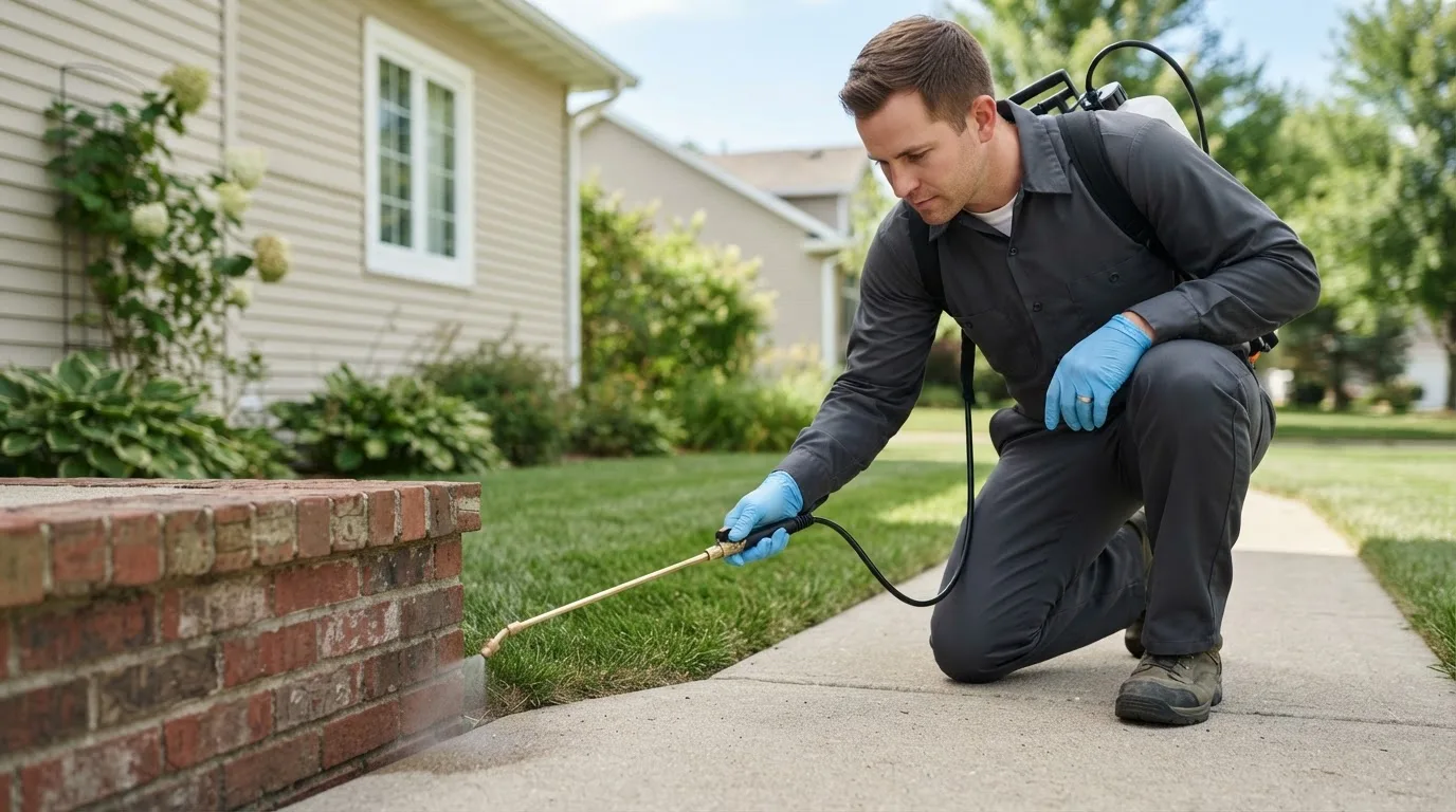 Pest control technician treating a home near Painesdale, MI