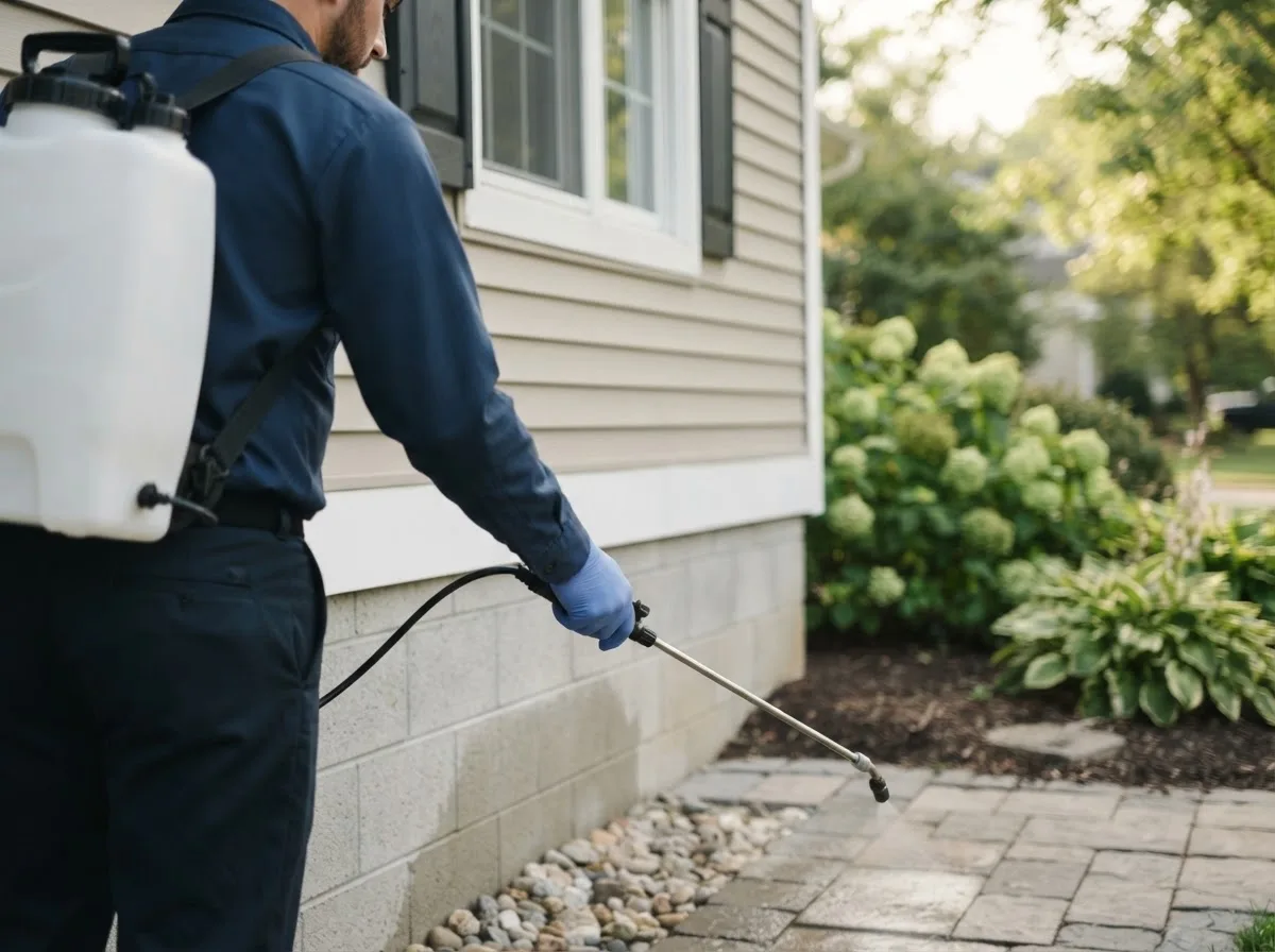 Pest control technician inspecting a home in Painesdale, MI